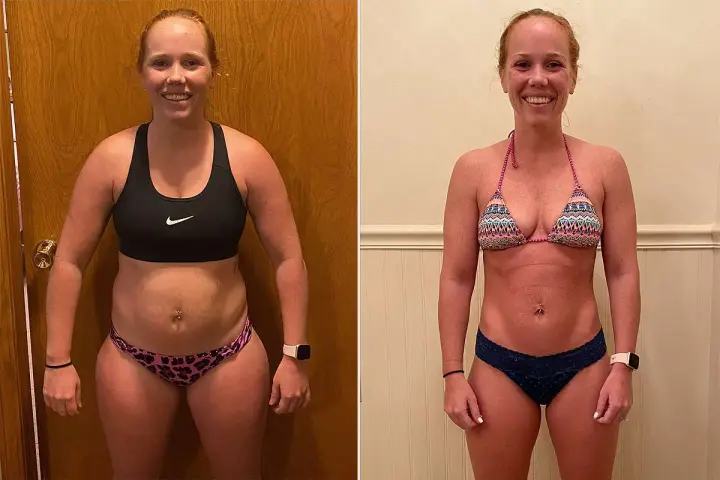 Woman's fitness journey: before and after, showcasing significant changes after using an assault bike.