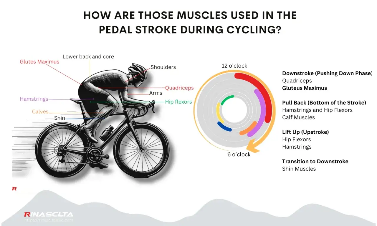 Diagram shows what muscles bike riding works: glutes, hamstrings, quads, calves, and core are engaged during the pedal stroke.
