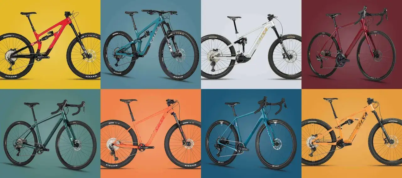 A collage showcasing various types of bikes: full-suspension mountain bikes, gravel bikes, and a road bike, each presented in a different color.