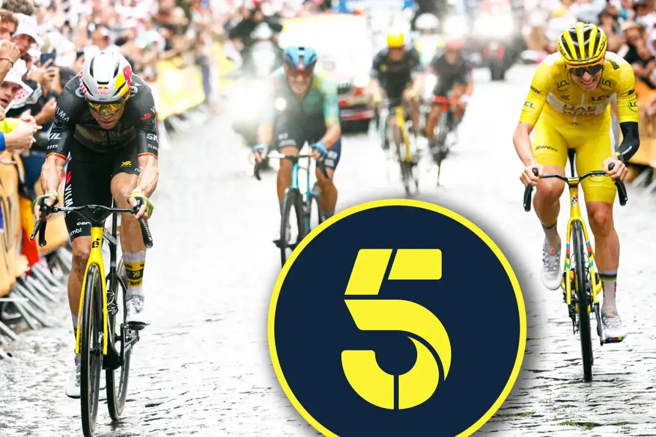 Cyclists race in the Tour de France, with a rider in yellow leading. A large yellow '5' graphic overlays the scene.