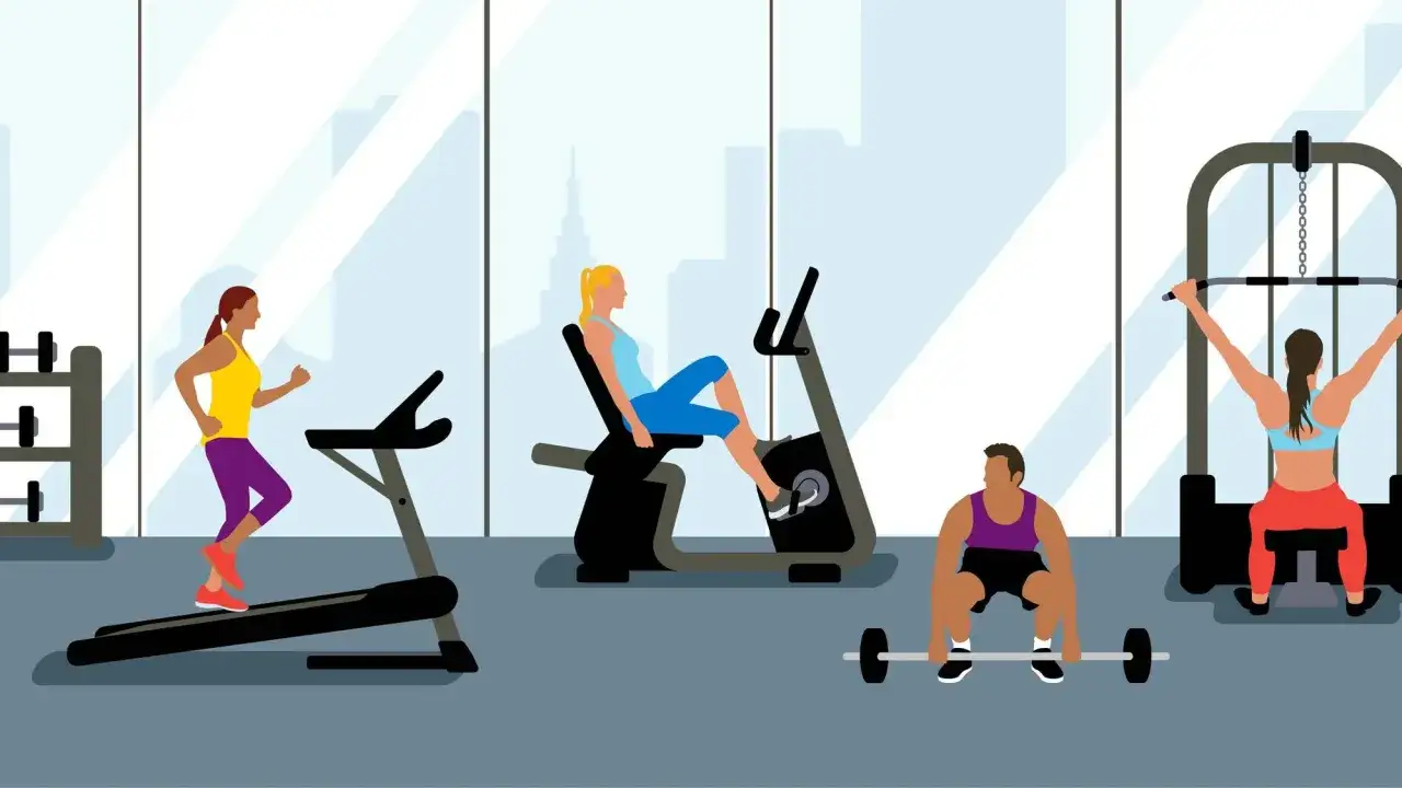 A woman runs on a treadmill, while another cycles on a stationary bike. A man lifts weights, and a woman uses a lat pulldown machine.
