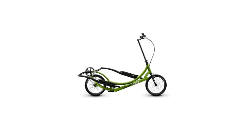 A green elliptical bike with the brand name "ELLIPTIGO" visible. It has two wheels and foot pedals.